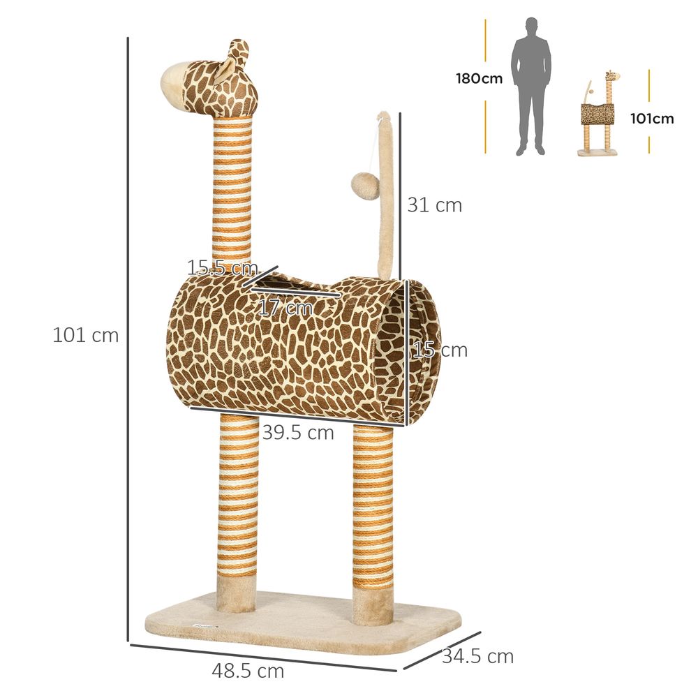 Cat Tree Cute Giraffe Kitten Play Tower W/ Scratching Posts Tunnel Ball Pawhut