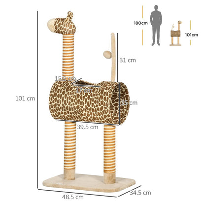 Cat Tree Cute Giraffe Kitten Play Tower W/ Scratching Posts Tunnel Ball Pawhut