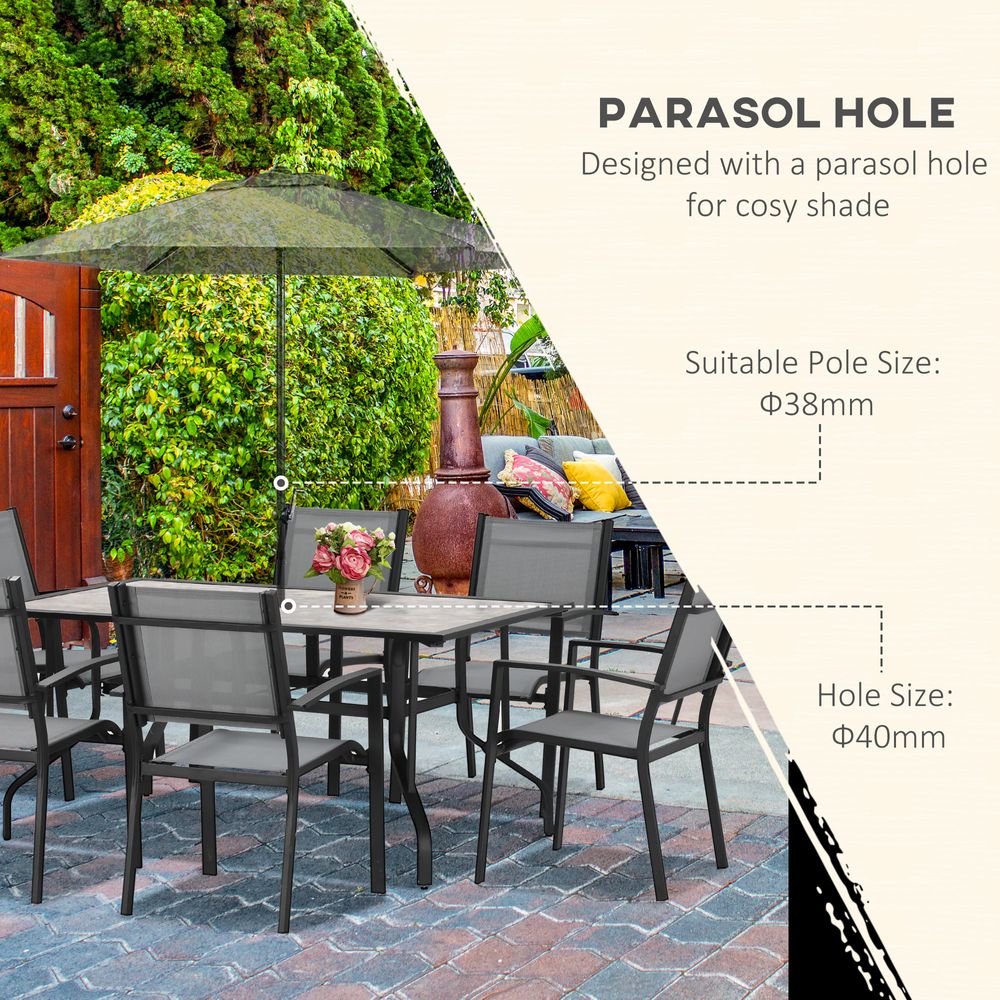 7 Piece Garden Dining Set, Table with Parasol Hole,Texteline Grey