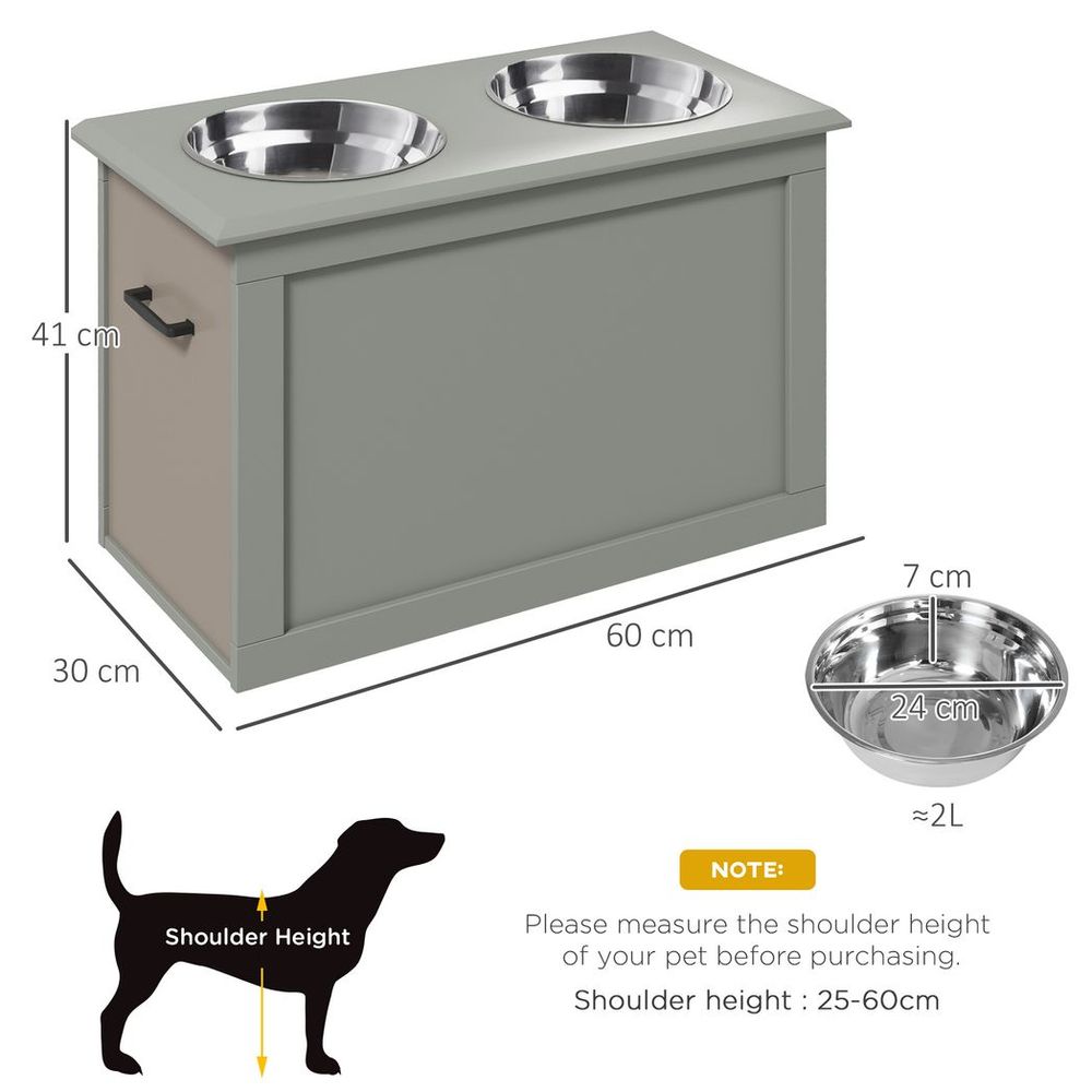 Raised Pet Dog Bowls w/ Storage, Two Bowls, Elevated Base - Grey