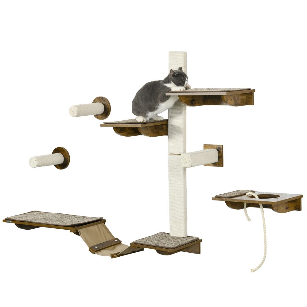 PawHut 8Pcs Wall Mounted Cat Shelves w/ Posts, Perches, Ladder - Brown