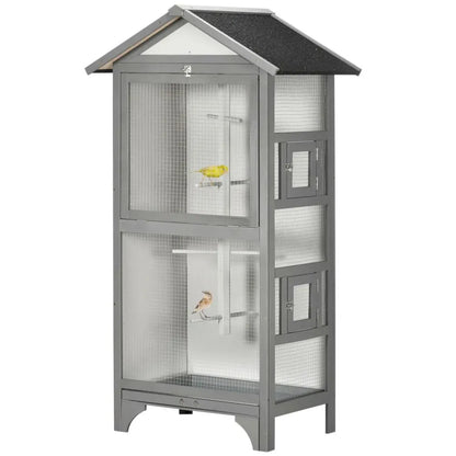 Wooden Bird Aviary for Finch, Canary w/ Removable Tray, Asphalt Roof - Grey