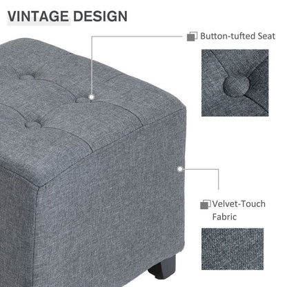 Linen-Look Square Ottoman Footstool Button Tufts Wood Frame Padding Grey