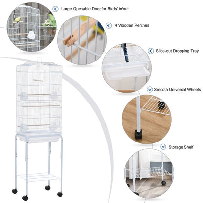 Bird Cage for Budgie Finch Canary Parakeet W/ Stand Sliding Tray White Pawhut