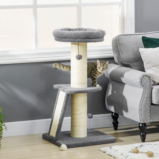 Cat Tree Tower for Indoor Cats w/ Scratching Posts, Pad, Dark Grey, Toy Ball