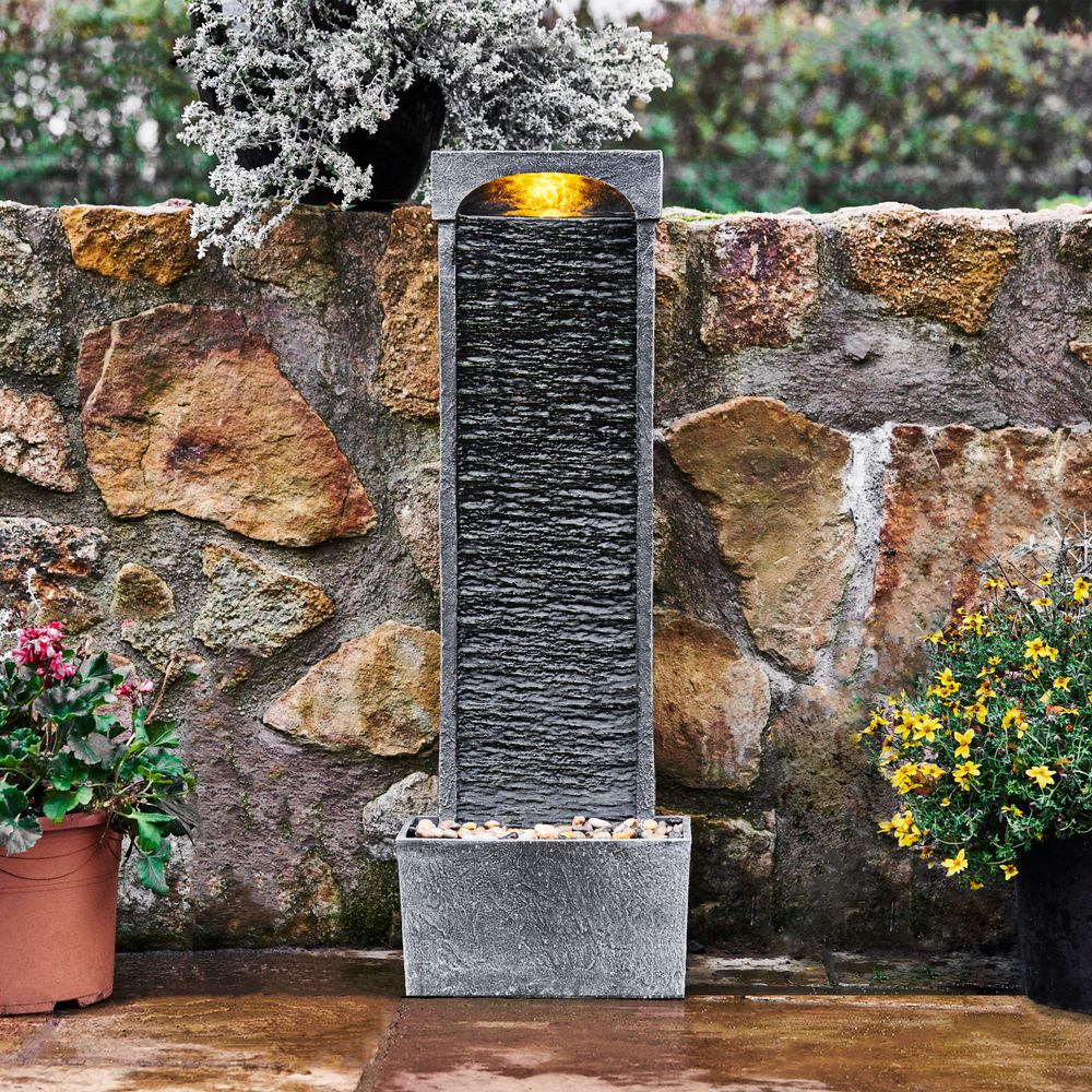 Garden Water Fountain Feature with Lights, Outdoor Curved Waterfall