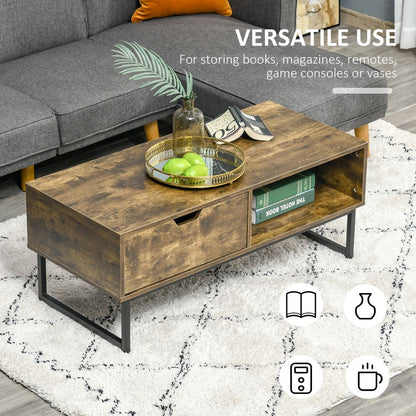 Coffee Table Wood Finish Metal Frame Sofa Table  Drawer & Shelf Brown