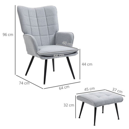 Living Room Chair with Footstool and Steel Legs, Light Grey