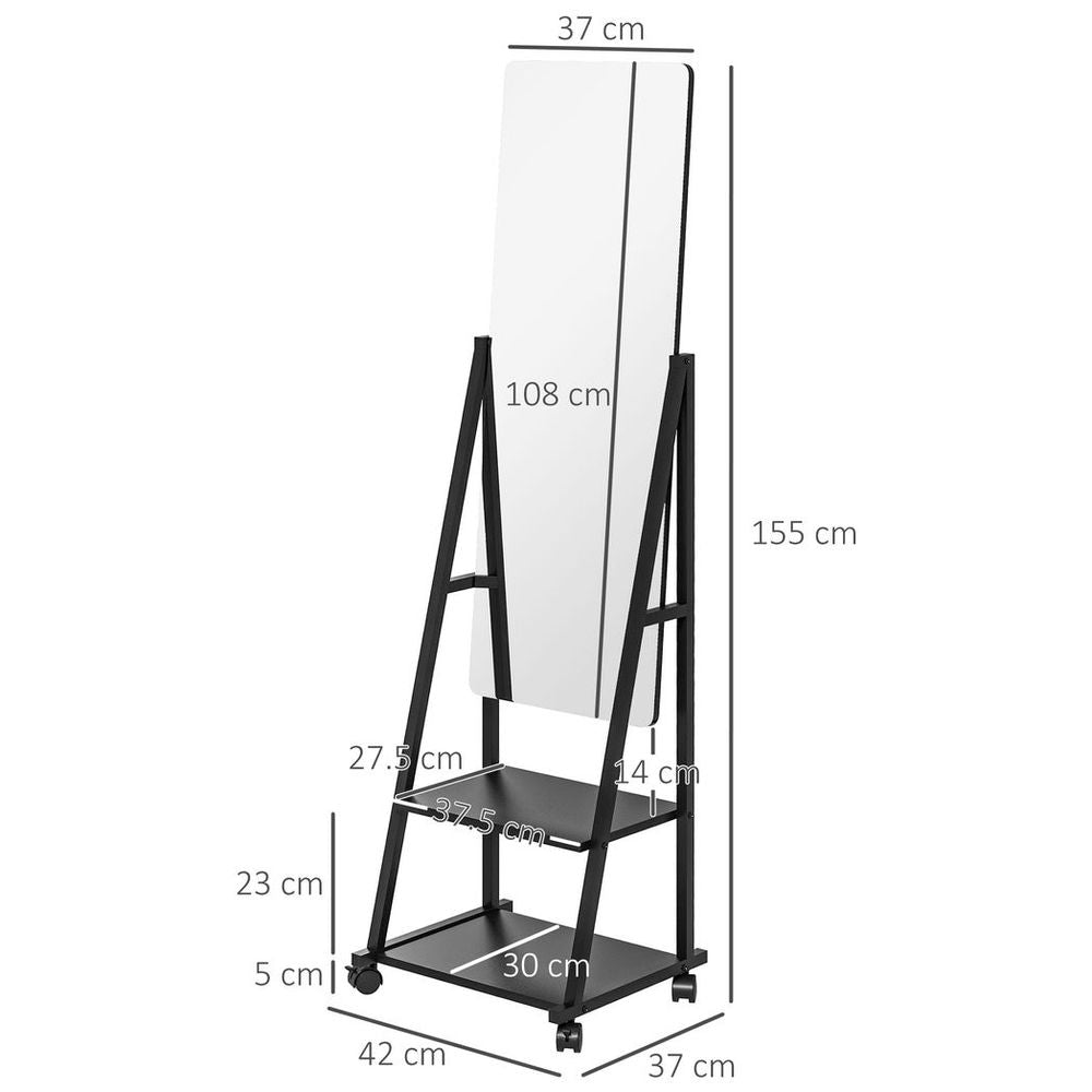 Movable Full Length Mirror Adjustable Full Body Mirror with 2 Shelves