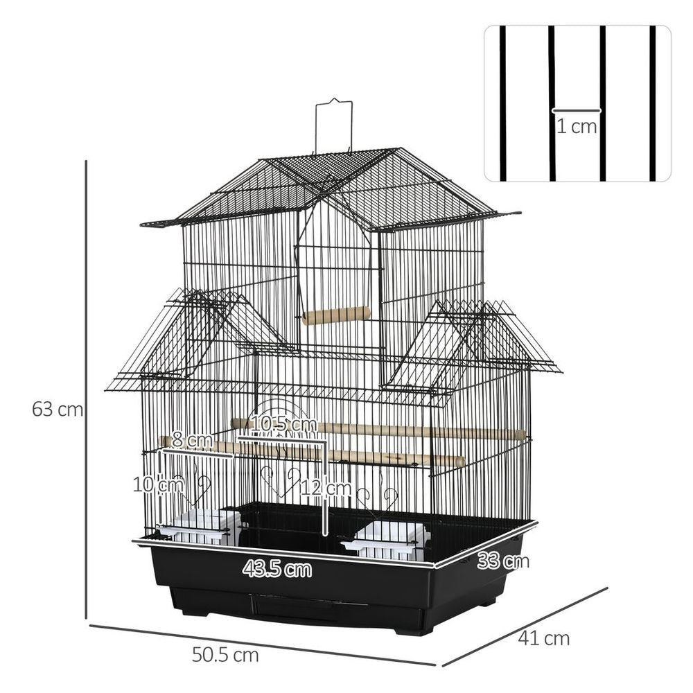 Metal Bird Cage w/ Plastic Perch Food Container Handle 50.5 x 40 x 63cm Black