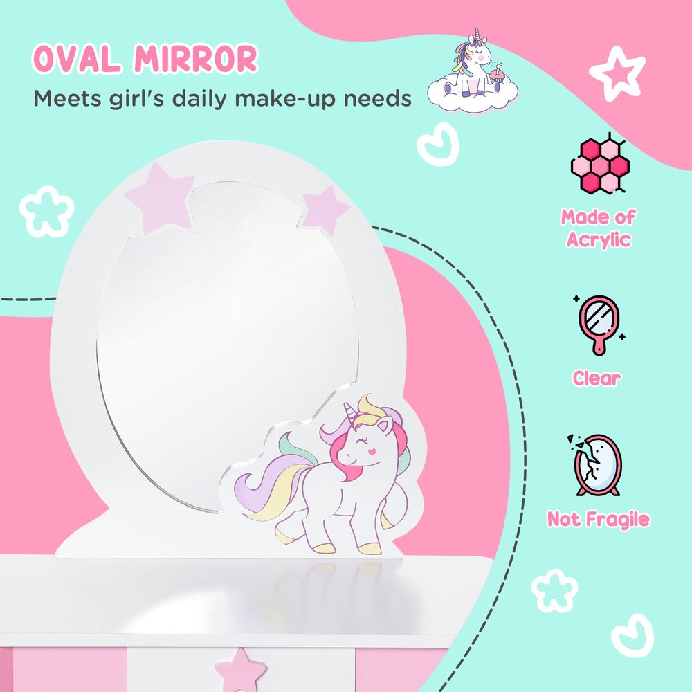 Kids Dressing Table, Girls Vanity Set w/ Mirror and Stool, Unicorn-Designed