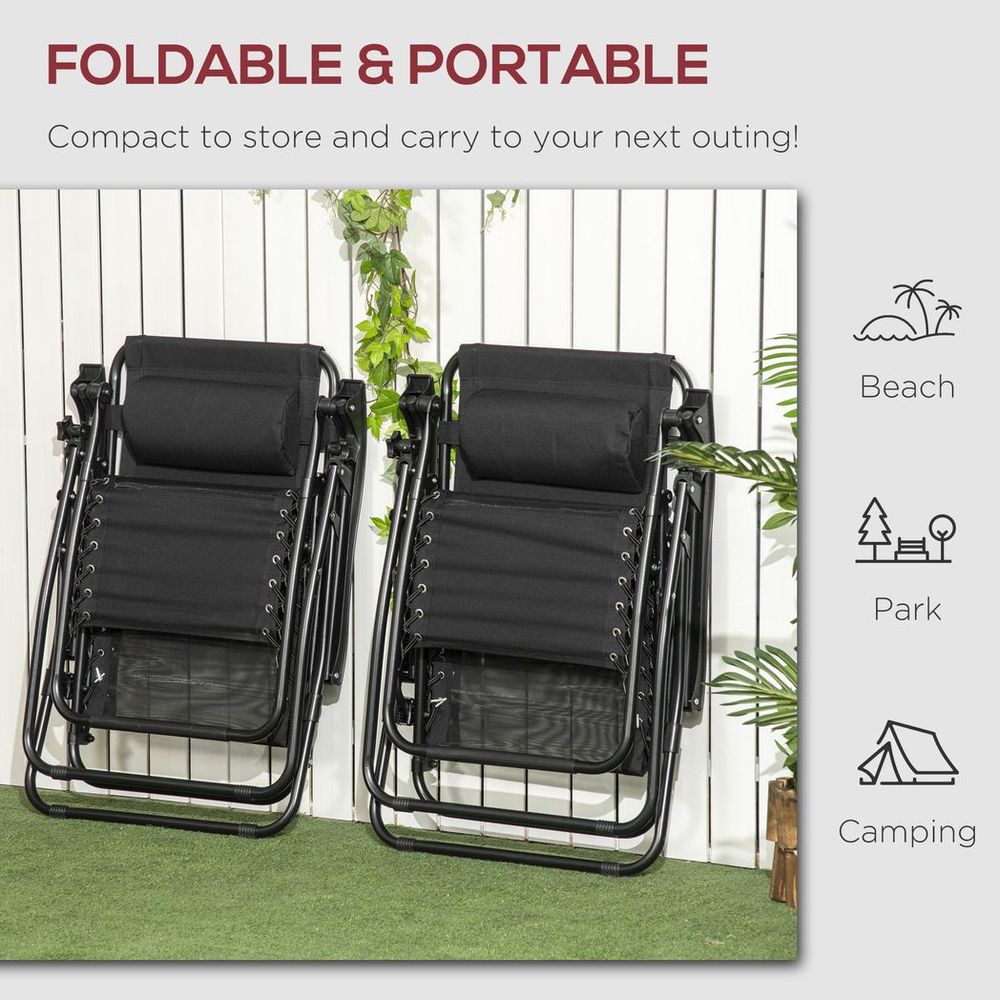 Foldable Garden Recliner Chair Set of 2 w/ Footstool & Headrest, Black