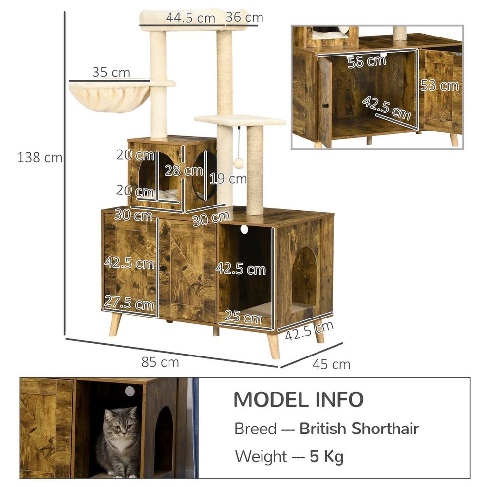 PawHut Litter Box Enclosure with Cat Tree Tower, Hammock, Cushion