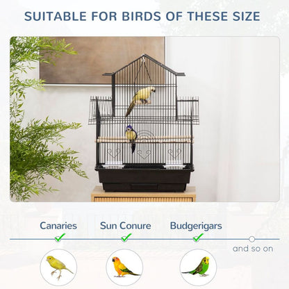 Metal Bird Cage w/ Plastic Perch Food Container Handle 50.5 x 40 x 63cm Black