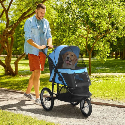 3 Wheel Pet Stroller, for Medium Small Dogs, Foldable Cat Pram - Blue