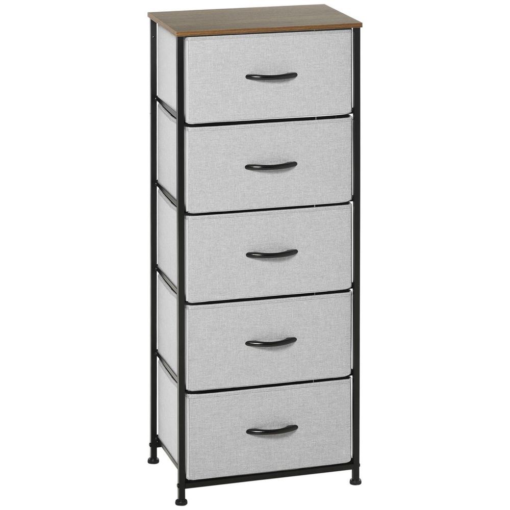 HOMCOM 5 Drawer Fabric Chest of Drawers w/ Wooden Top for Closet Hallway Grey