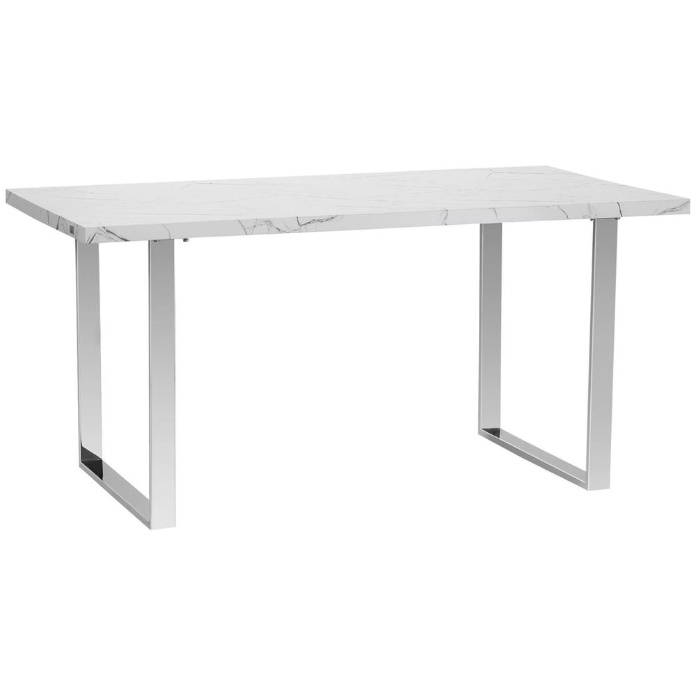 Modern Dining Table with Marble Effect Top Steel Legs for Living Room, White