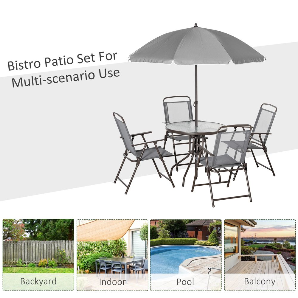 6Pc Patio Dining Set with Umbrella, 4 Folding Chairs Glass Table