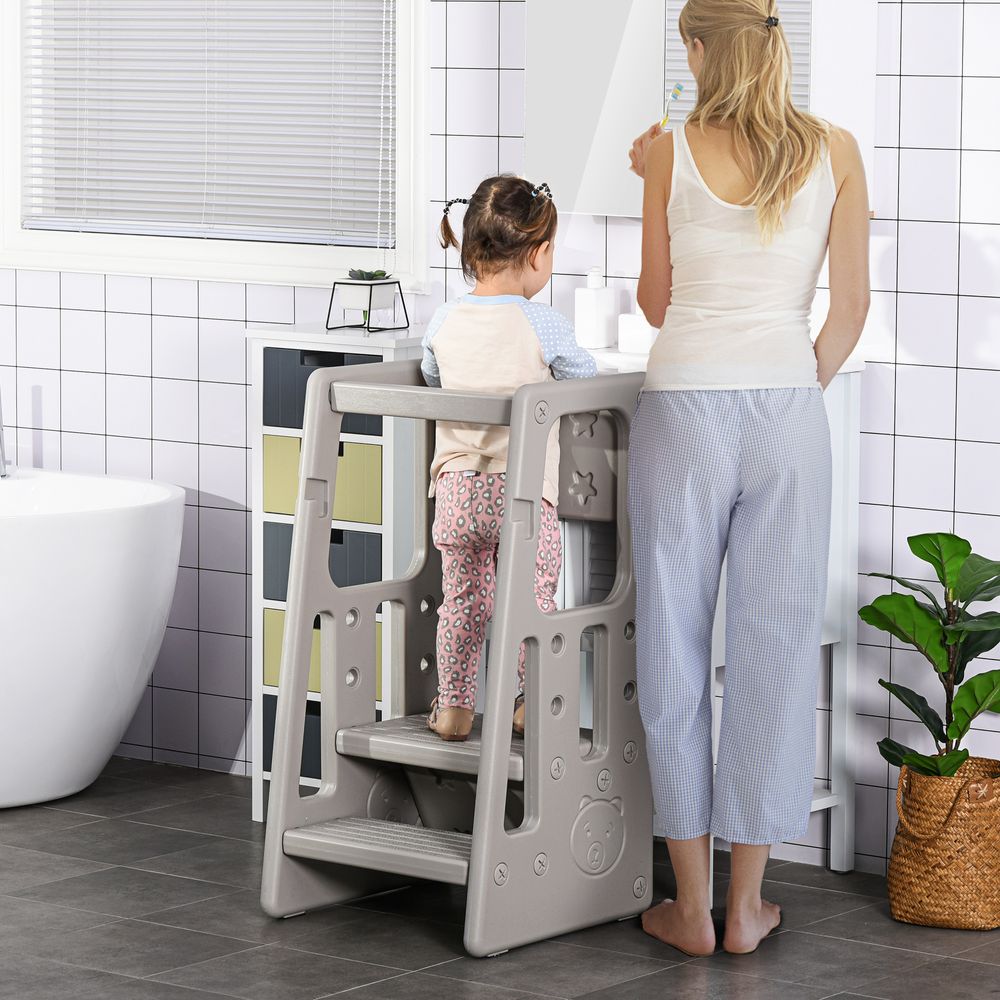 Kids Step Stool Adjustable Standing Platform Toddler Kitchen Stool Grey HOMCOM