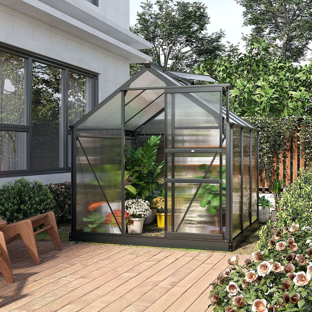 Polycarbonate Walk-In Garden Greenhouse Aluminium Frame w/ Slide Door 6 x 6ft