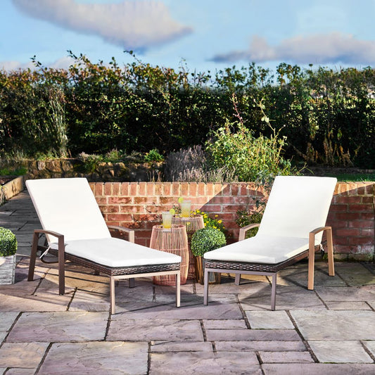 Garden Patio Furniture Set of 2 Rattan Sun Loungers with Cushions