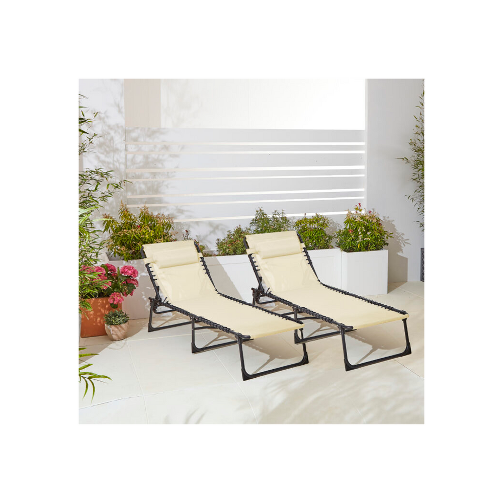 Neo Pair of Cream Outdoor Garden Folding Sun Loungers