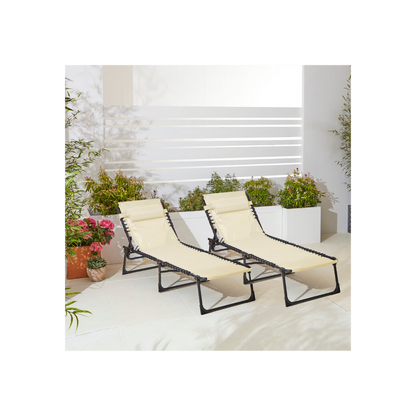 Neo Pair of Cream Outdoor Garden Folding Sun Loungers