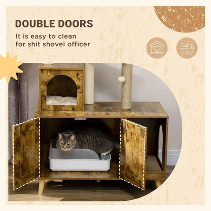 PawHut Litter Box Enclosure with Cat Tree Tower, Hammock, Cushion