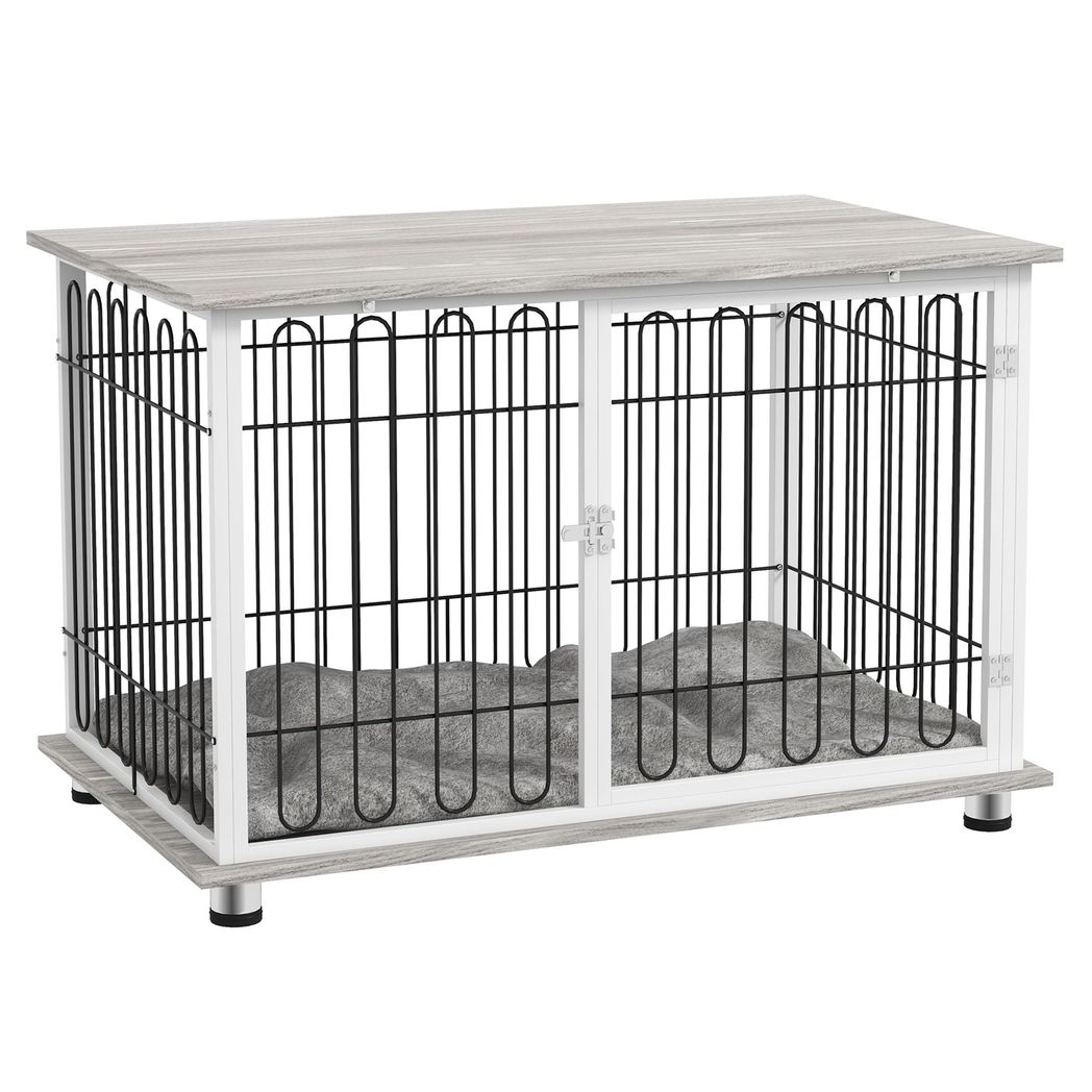 PawHut Dog Crate Furniture End Table with Soft Washable Cushion, Lockable Door