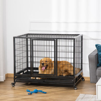 Metal Kennel Cage with Wheels and Crate Tray for Pet Dog Large Black Pawhut