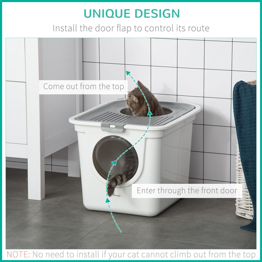 Cat Litter Tray Pet Litter Box Toilet w/ Front Entrance, Top Exit, Scoop - White