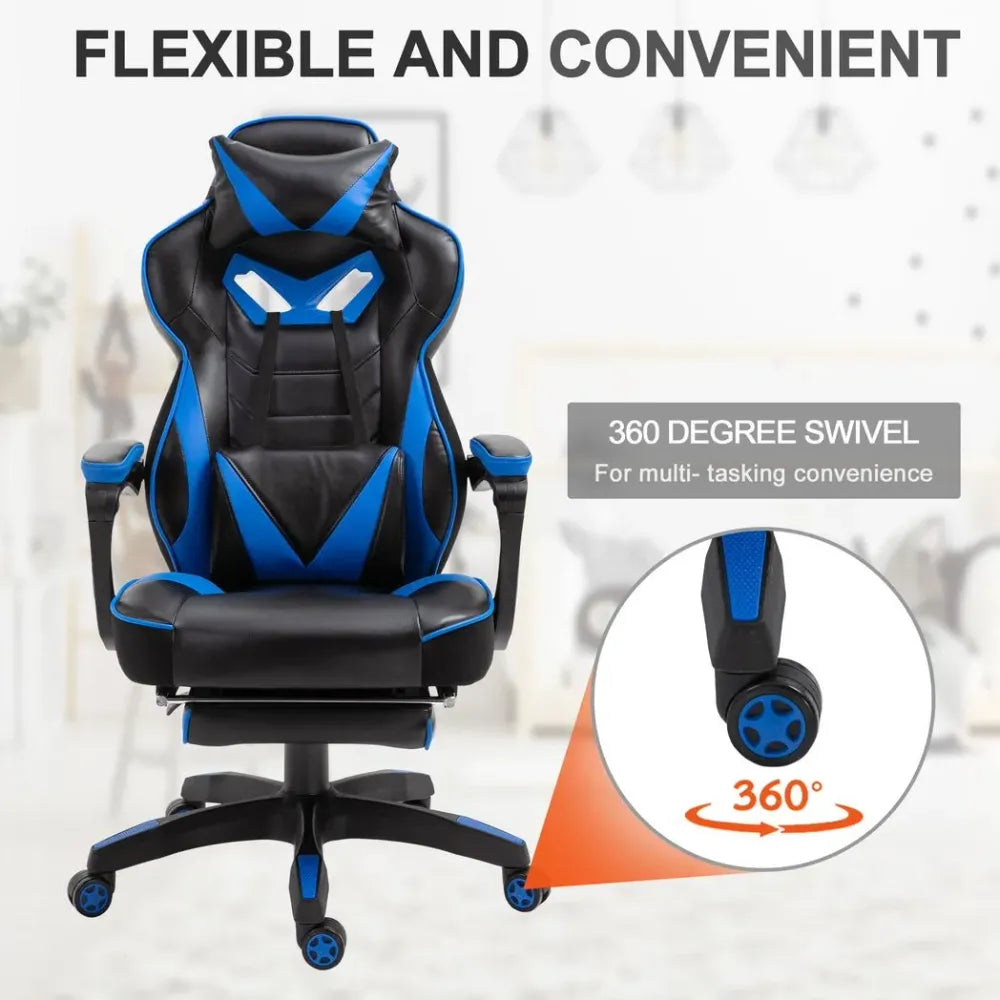 Gaming Chair Ergonomic Reclining w/ Manual Footrest Wheels Stylish Office Blue