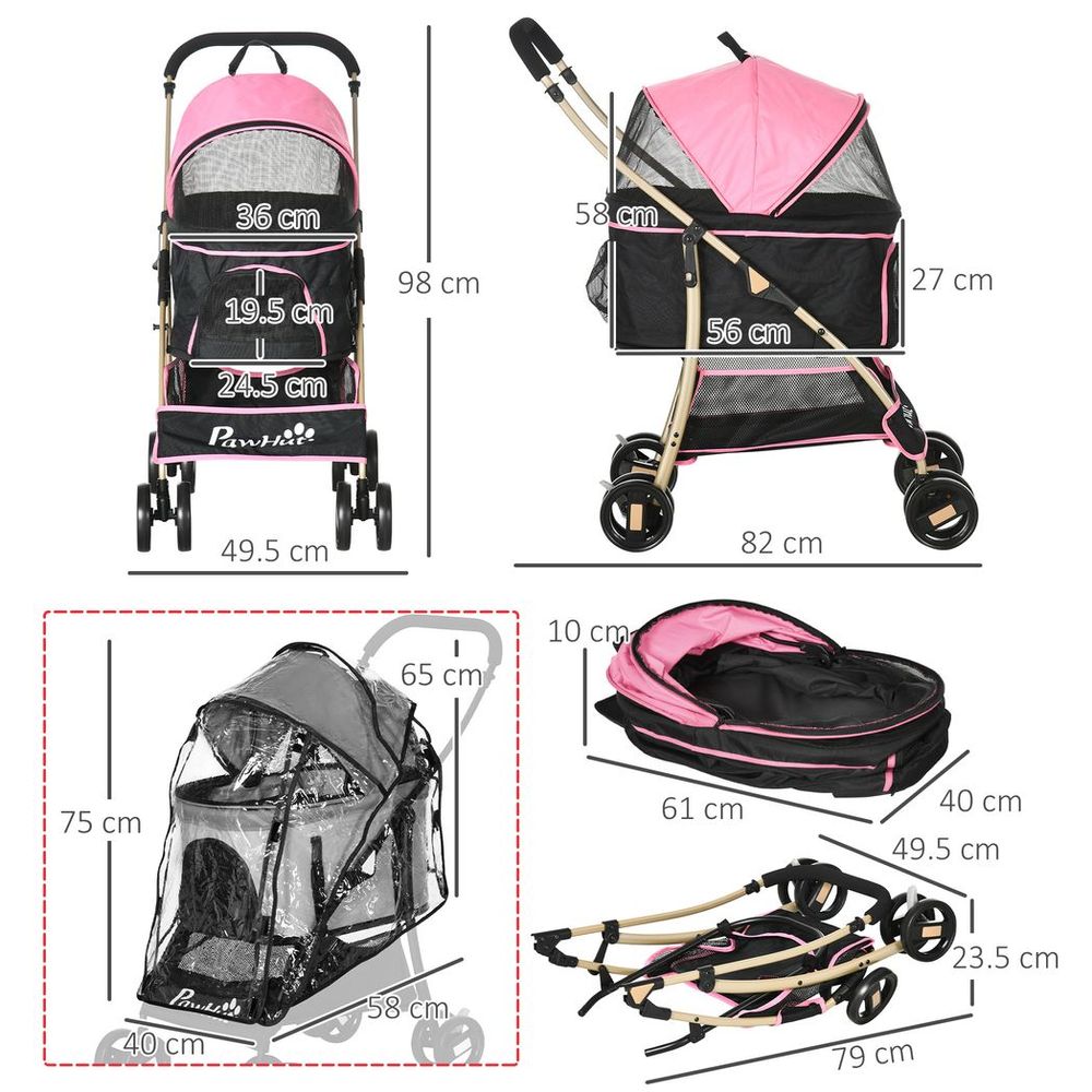 PawHut Detachable Pet Stroller with Rain Cover for Small and Tiny Dogs, Pink