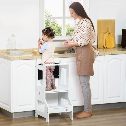 2 in 1 Kids Kitchen Step Stool Helper with Safety Rail Learning Tower