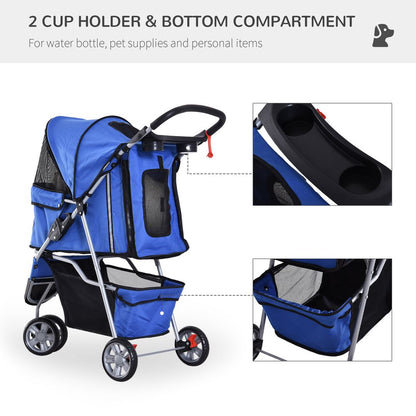 Pet Stroller Pushchair Carrier for Cat Puppy with 3 Wheels Blue Pawhut