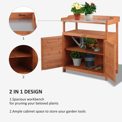 Multi-function Potting Bench Table w/ Storage Cabinet, Planting Workstation w/ Galvanized Table Top and Garden Shed, 98cm x 47cm x 105cm