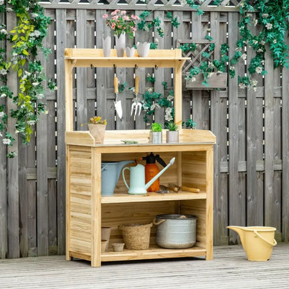 Garden Potting Bench Table Workstation w/ Galvanized Tabletop, Storage Shelves