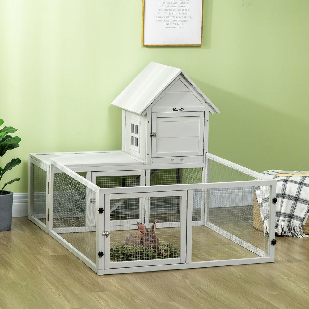 PawHut Rabbit Hutch Guinea Pig Cage w/ Slide-Out Tray, Fenced Area